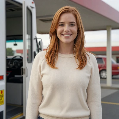 Rachel, a 26-year-old woman with auburn hair in a sweater at a truck stop