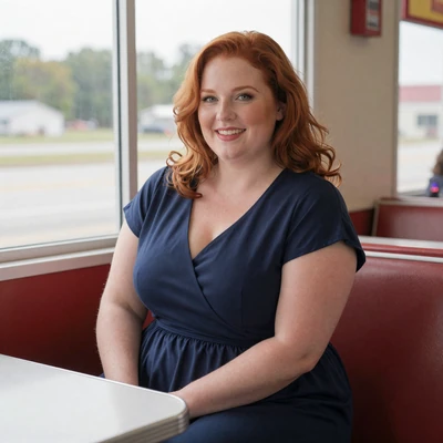 Megan, 35, a redhead woman in a dress at an Illinois diner, verified trucker dating profile
