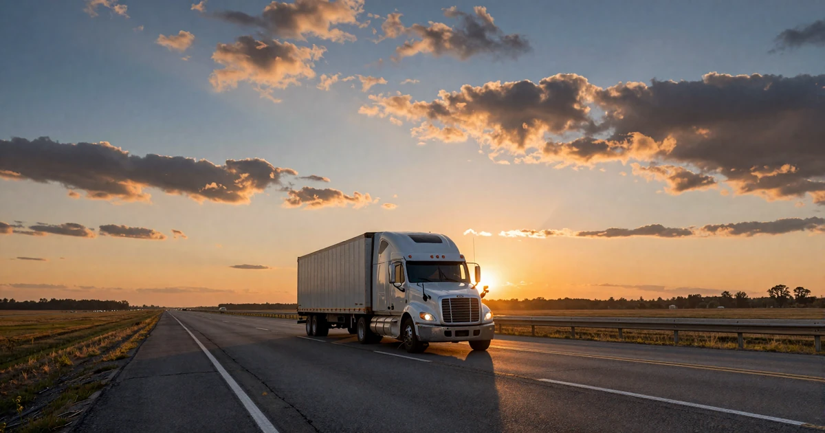 Sunrise over an open American interstate highway with a semi truck on the horizon, representing the JourneyMatch trucker dating service