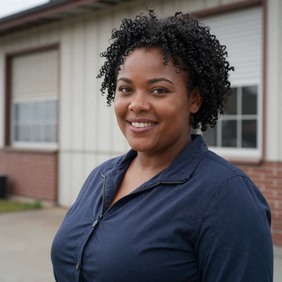 Nikki, 36, an African American woman in a navy jacket near a Council Bluffs warehouse, Iowa trucker dating profile