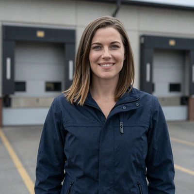 Ashley, 36, a brunette woman in a navy jacket near a loading dock, California trucker dating profile