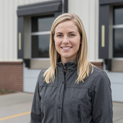 Heather, 33, a blonde woman in a charcoal jacket near a Pennsylvania loading dock, trucker dating profile