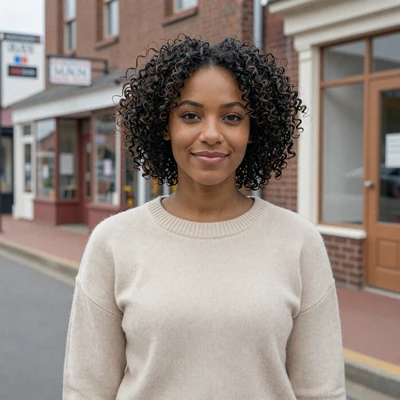 Brittany, a 27-year-old verified JourneyMatch member in a sweater on a small-town street, open to trucker dating