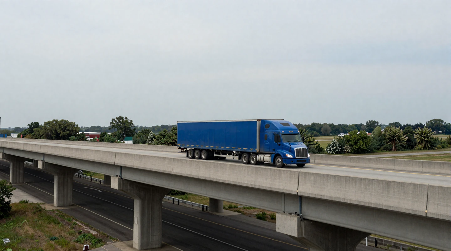 Semi-truck driving under an Ohio interstate overpass on I-80 during overcast midwestern daylight