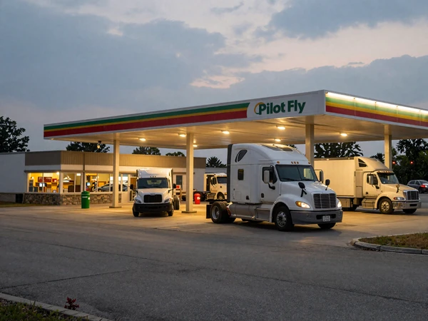 Truck stop on Interstate 80 in Ohio at dusk, a common meeting point for trucker dating connections