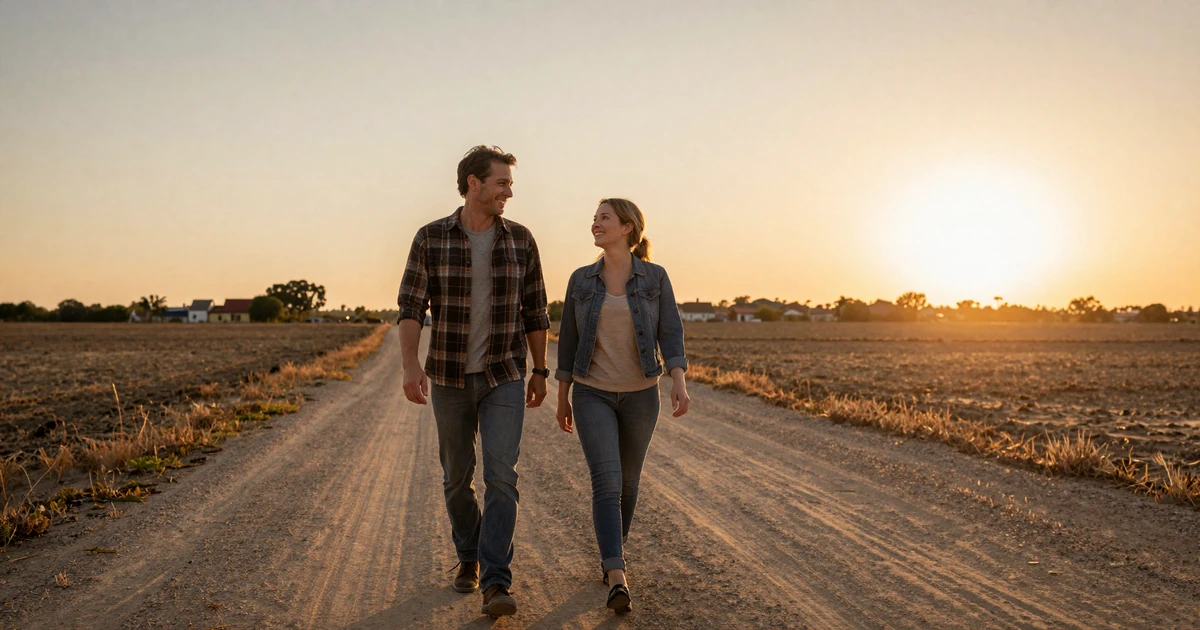 A couple walking down a rural dirt road at sunset, symbolizing trucker dating success stories