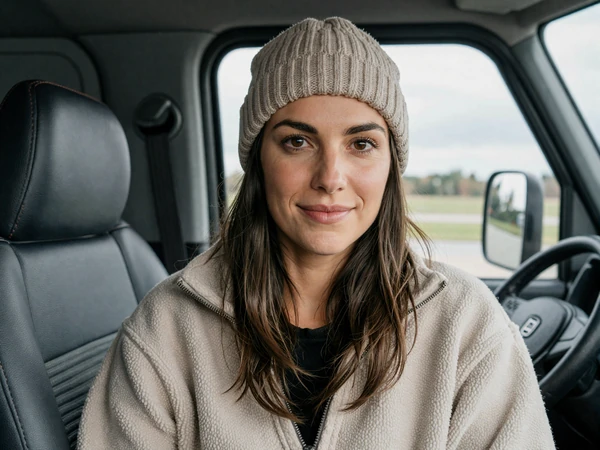 Woman wearing a beanie and jacket sitting in a truck cab, candid portrait for Wyoming trucker dating