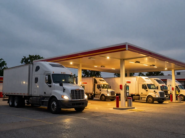 Chicago-area truck stop at night with semi trucks parked in rows