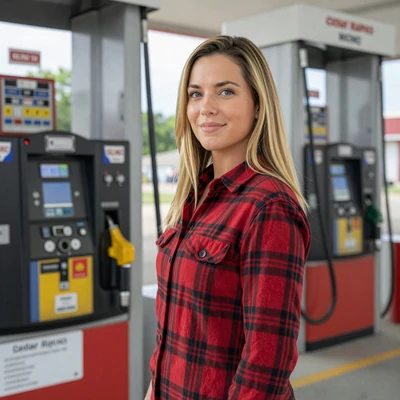 Rachel, 28, a woman in a flannel shirt at a Cedar Rapids gas station, Iowa trucker dating profile