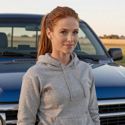Amanda, a 35-year-old verified member in a hoodie by a pickup truck, seeking a truck driver relationship