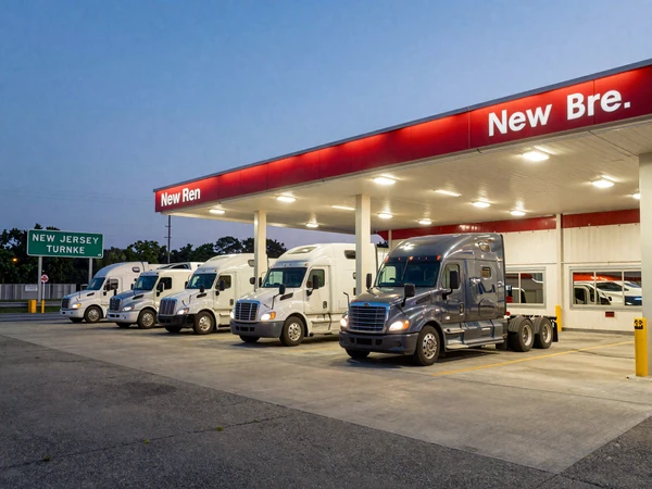 New York area truck stop at dusk with semi trucks parked under warm lights along the New Jersey Turnpike