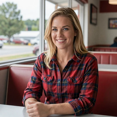 Katie, 35, a blonde woman in a flannel shirt at a Pennsylvania diner, verified trucker dating profile