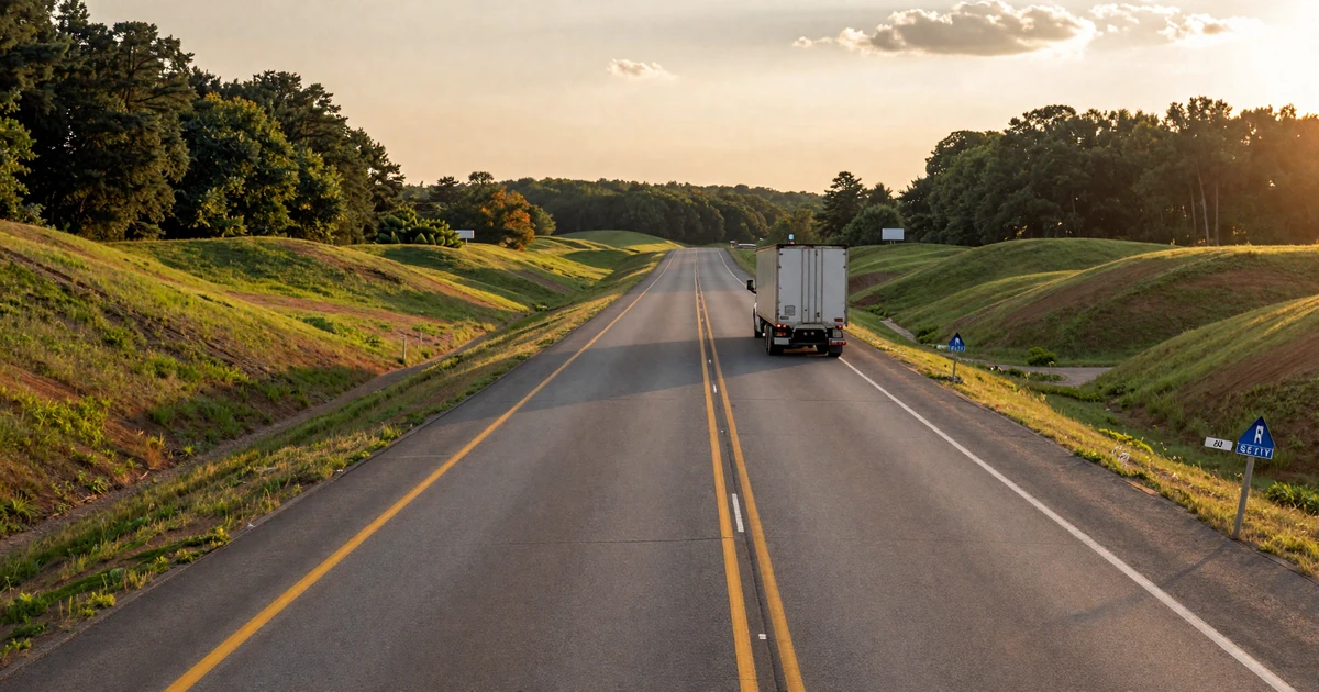 Semi-truck driving on Interstate 40 through Arkansas at golden hour