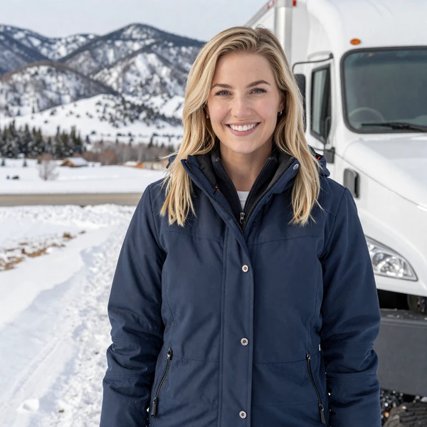 Woman in a heavy winter jacket near a semi truck in Wyoming, trucker dating profile photo
