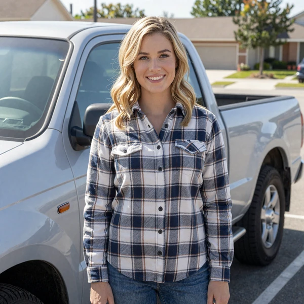 Sarah, a verified JourneyMatch member smiling beside a pickup truck, representing women who love truckers