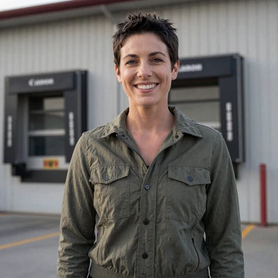Melissa, 38, a woman with short dark hair in an olive jacket near a North Little Rock warehouse, Arkansas trucker dating profile