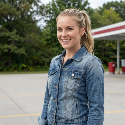Kayla, 31, a blonde woman in a denim jacket at an Iowa rest area, verified trucker dating profile