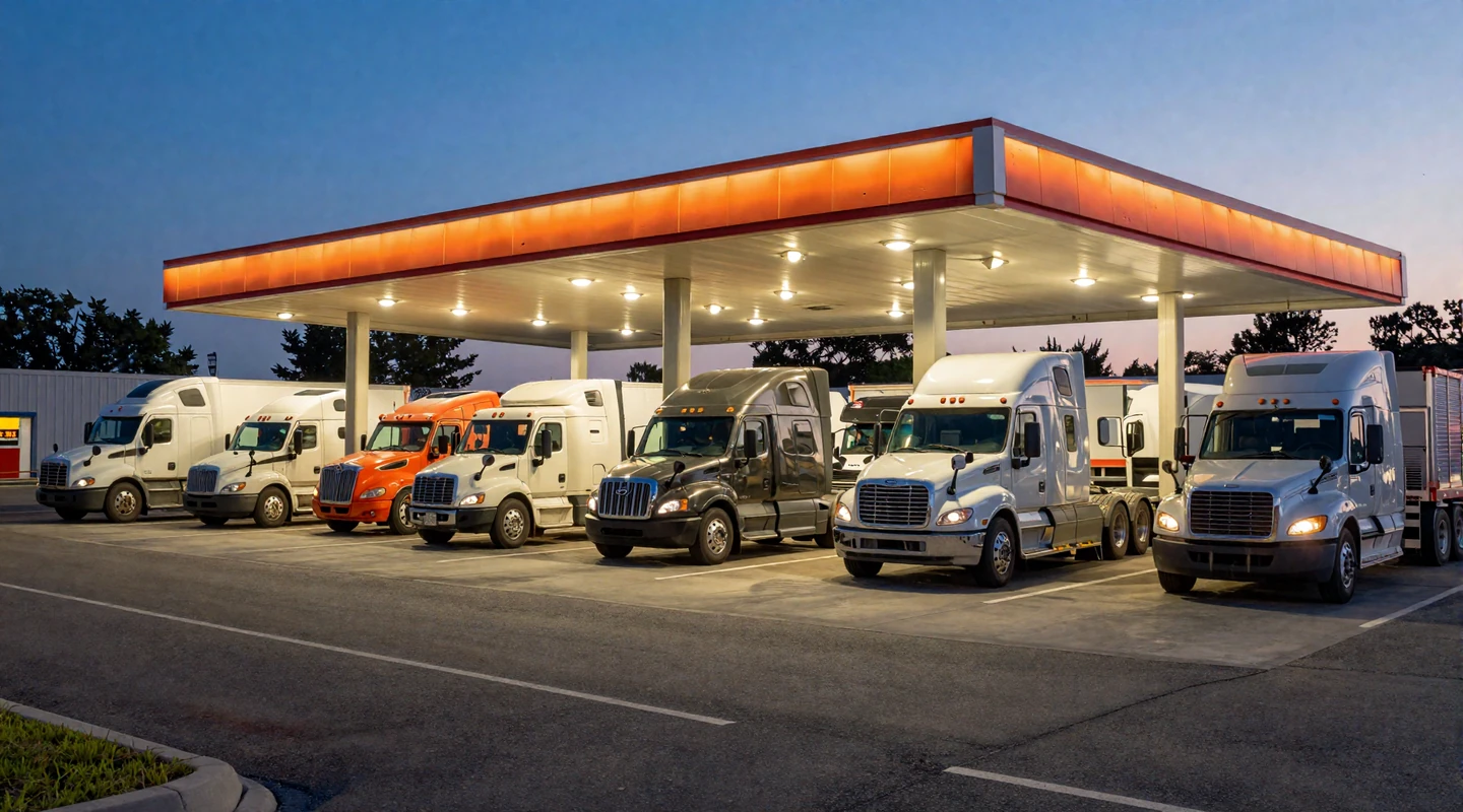 Well-lit truck stop parking lot at dusk, representing trucker dating safety