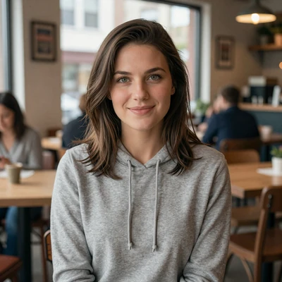 Hannah, 31, a brunette woman in a hoodie at a Georgia cafe, verified trucker dating profile
