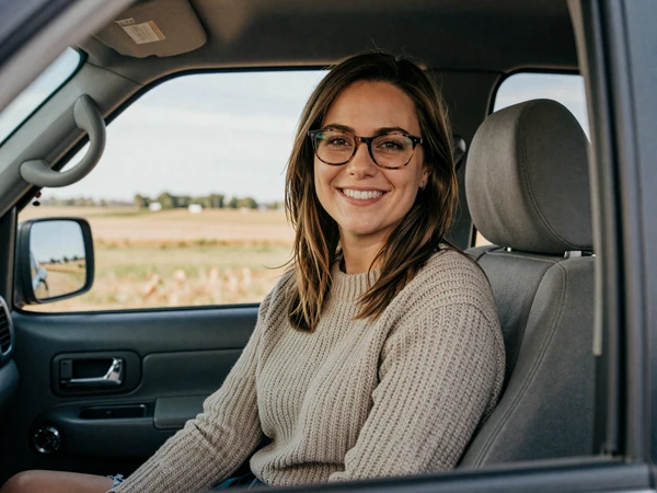 Woman with glasses sitting in a pickup truck cab in Illinois, candid trucker dating lifestyle photo