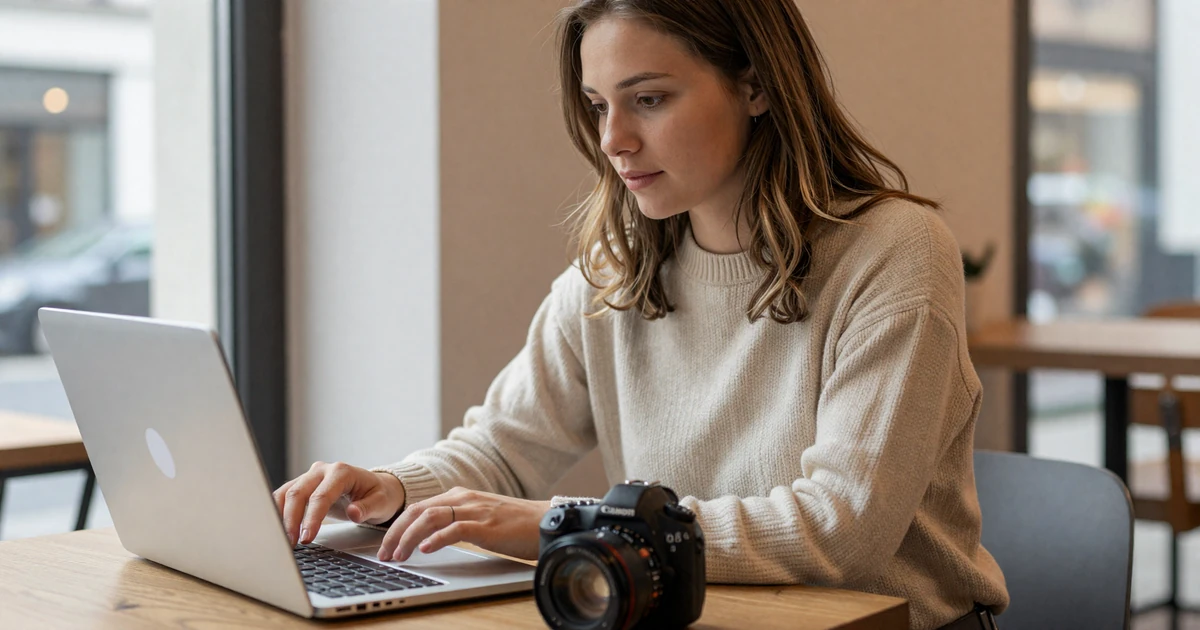 A woman adjusting privacy settings on a laptop in a cafe, representing JourneyMatch cookie policy management