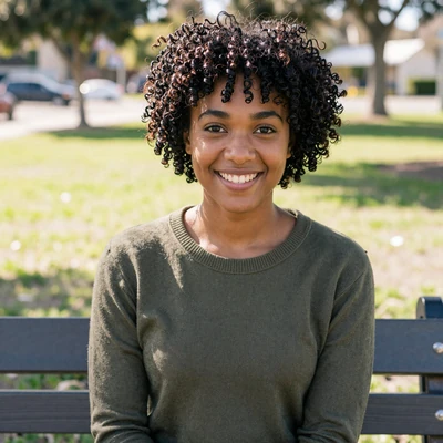 Brittany, 27, an African American woman in a green sweater at a Los Angeles park, trucker dating profile
