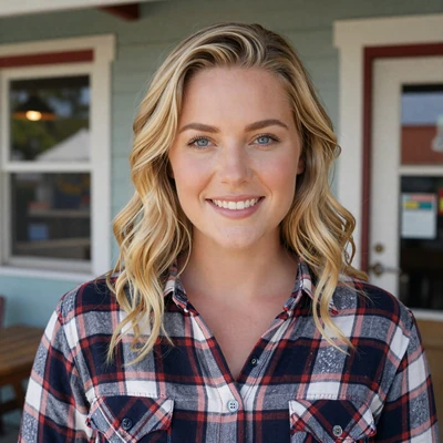 Crystal, 28, a blonde woman in a flannel shirt outside a Florida cafe, verified trucker dating profile