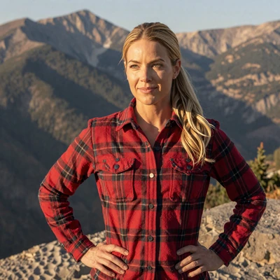 Amanda, 35, a blonde woman in a flannel shirt at a Wyoming mountain overlook, verified trucker dating profile