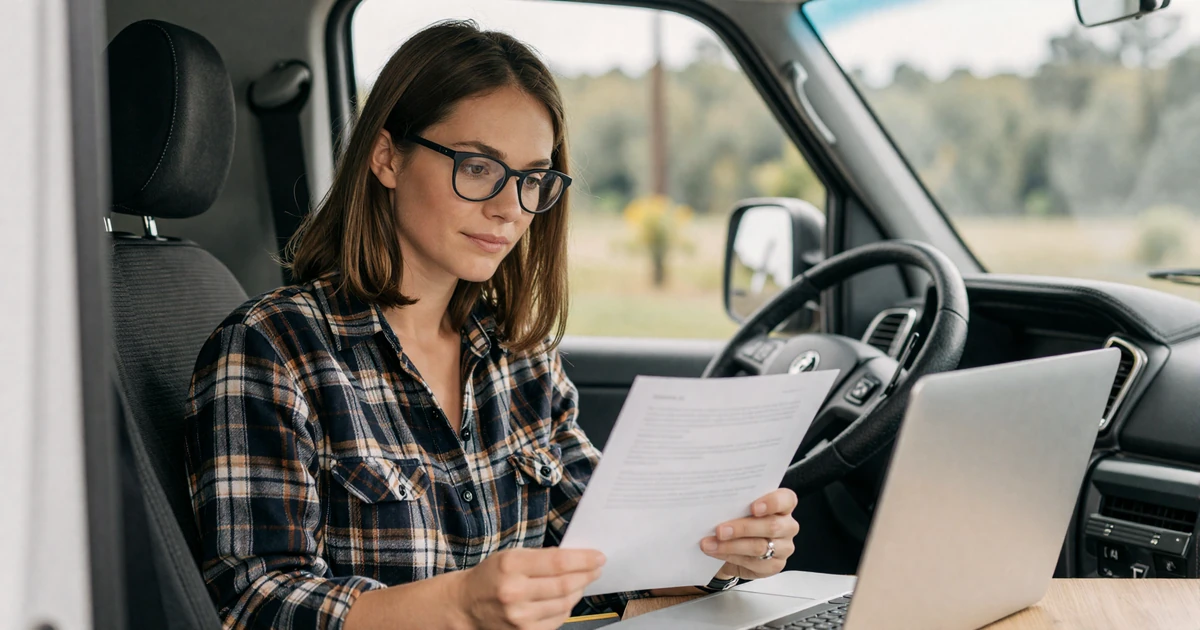 Woman reading a privacy document on a laptop inside a truck cab, representing JourneyMatch trucker dating privacy policy