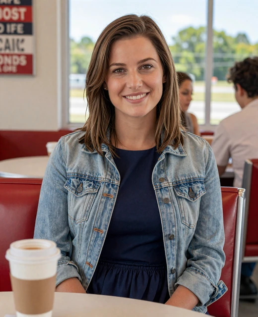 Friendly woman at a roadside diner during a first date with a truck driver