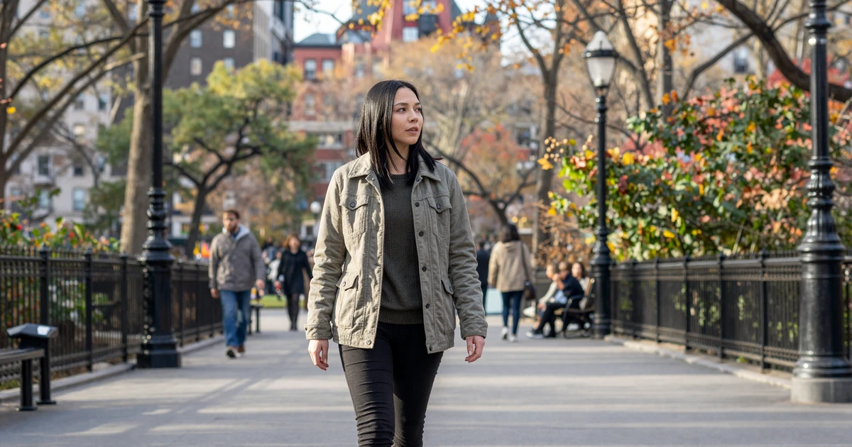 Woman walking through a New York park in autumn daylight, representing trucker dating New York connections