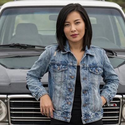 Danielle, 38, woman with black hair in a denim jacket by a pickup truck