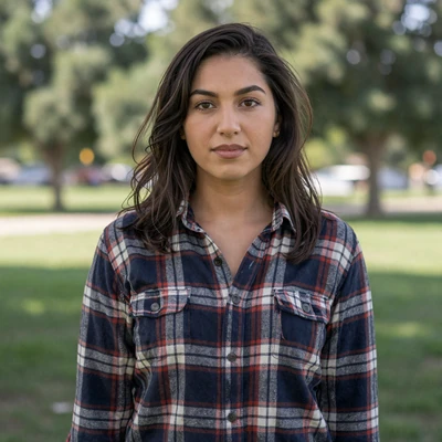 Jessica, 31, brunette woman in flannel at a Texas park