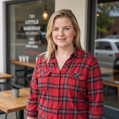 Jessica, 34, a blonde woman in a flannel shirt at a Little Rock cafe, verified Arkansas trucker dating profile