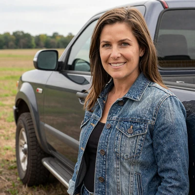 Tammy, 42, a woman with brown hair in a denim jacket by a pickup truck in Ohio, trucker dating profile