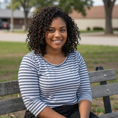 Danielle, 33, African American woman in a striped shirt at an Omaha Nebraska park, verified trucker dating profile