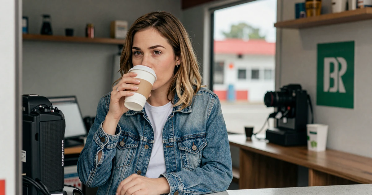 Woman drinking coffee at a truck stop counter representing trucker chat and connection opportunities