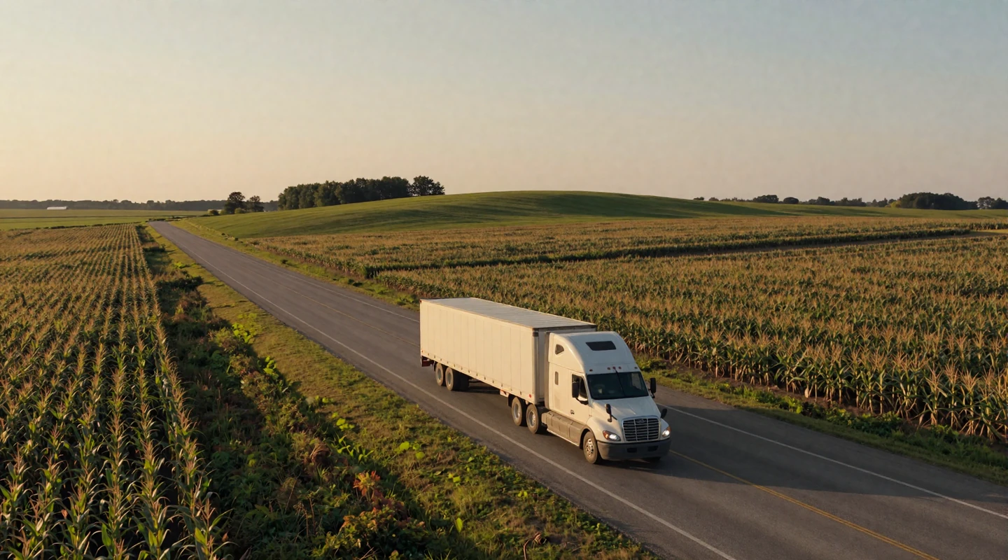 Semi-truck driving on Interstate 80 through Iowa farmland at golden hour