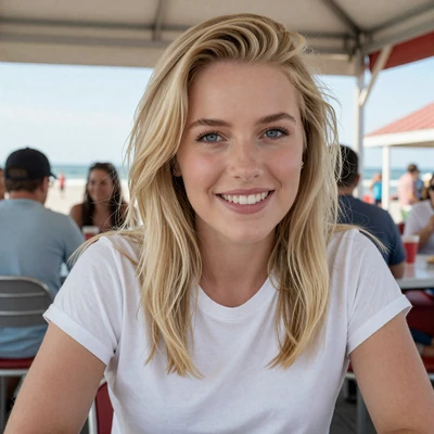 Kayla, 27, a blonde woman in a white t-shirt at a beachside diner, verified Florida trucker dating profile
