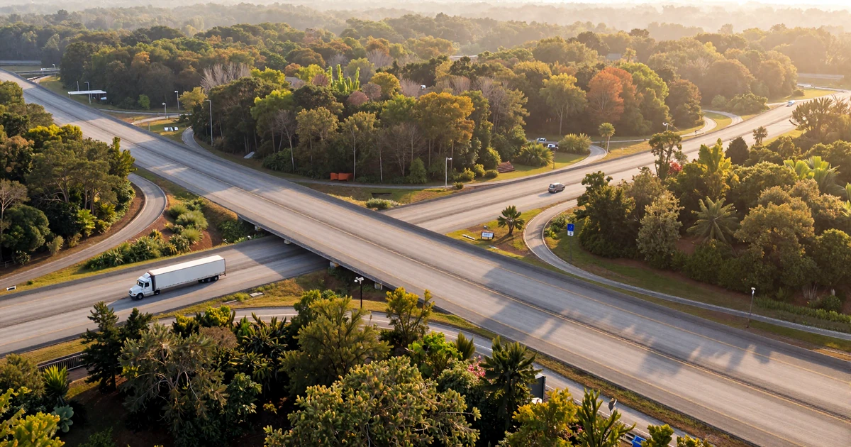 Houston interstate interchange with semi trucks on I-45 at golden hour surrounded by Texas skyline