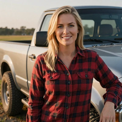 Courtney, 37, a blonde woman in a flannel shirt by a pickup truck, Georgia trucker dating profile