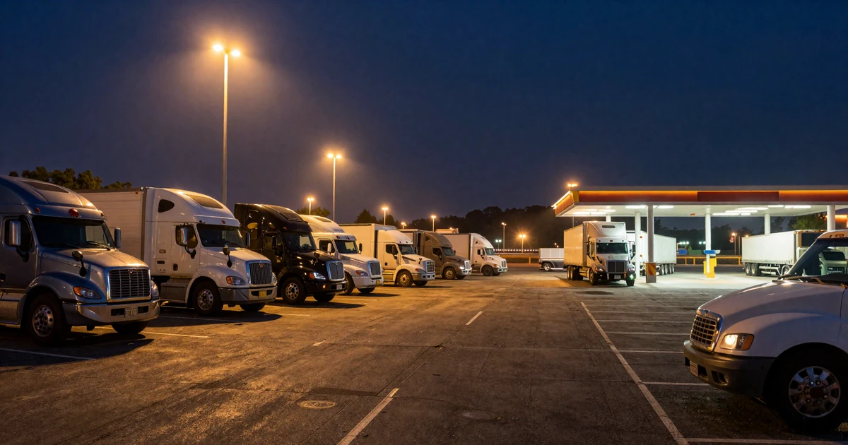 Truck stop parking lot at night with rows of semi trucks under floodlights for long haul relationship dating