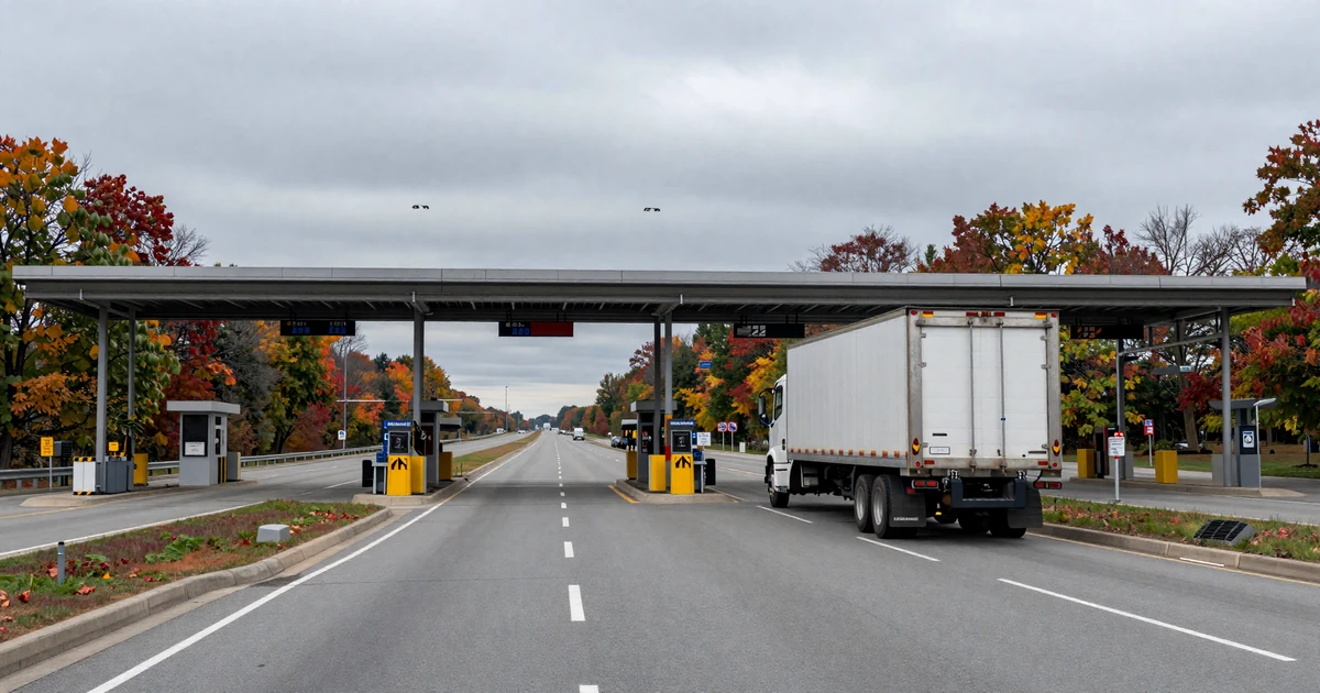 Semi-truck approaching a Pennsylvania Turnpike toll plaza on an overcast autumn day