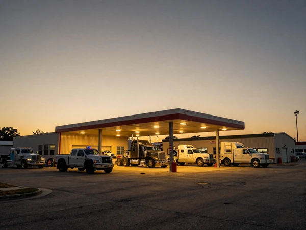 Texas truck stop at sunset with 18-wheelers parked and warm light