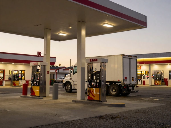Truck stop on Interstate 5 in California at dusk, a common meeting point for trucker dating connections