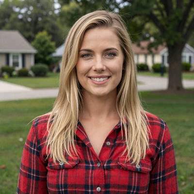 Megan, a 28-year-old verified JourneyMatch member in a flannel shirt at a park, looking for trucker dating