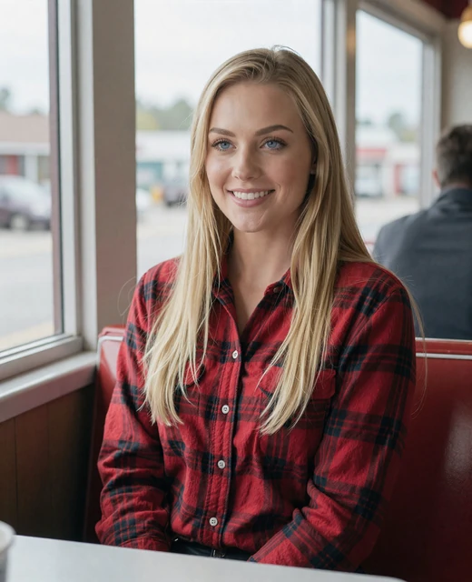 Woman in a flannel shirt sitting in a diner booth illustrating how to meet truckers online through niche platforms