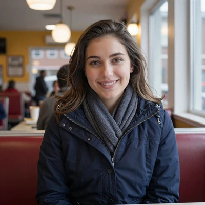 Rachel, a 28-year-old brunette woman in a winter coat at a Chicago diner