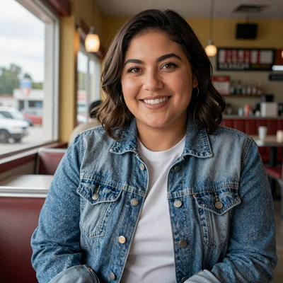 Jessica, a 32-year-old verified member in a denim jacket at a roadside diner, interested in dating truckers