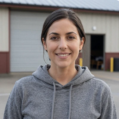 Jessica, 30, a brunette in a hoodie outside a Toledo warehouse, Ohio trucker dating profile